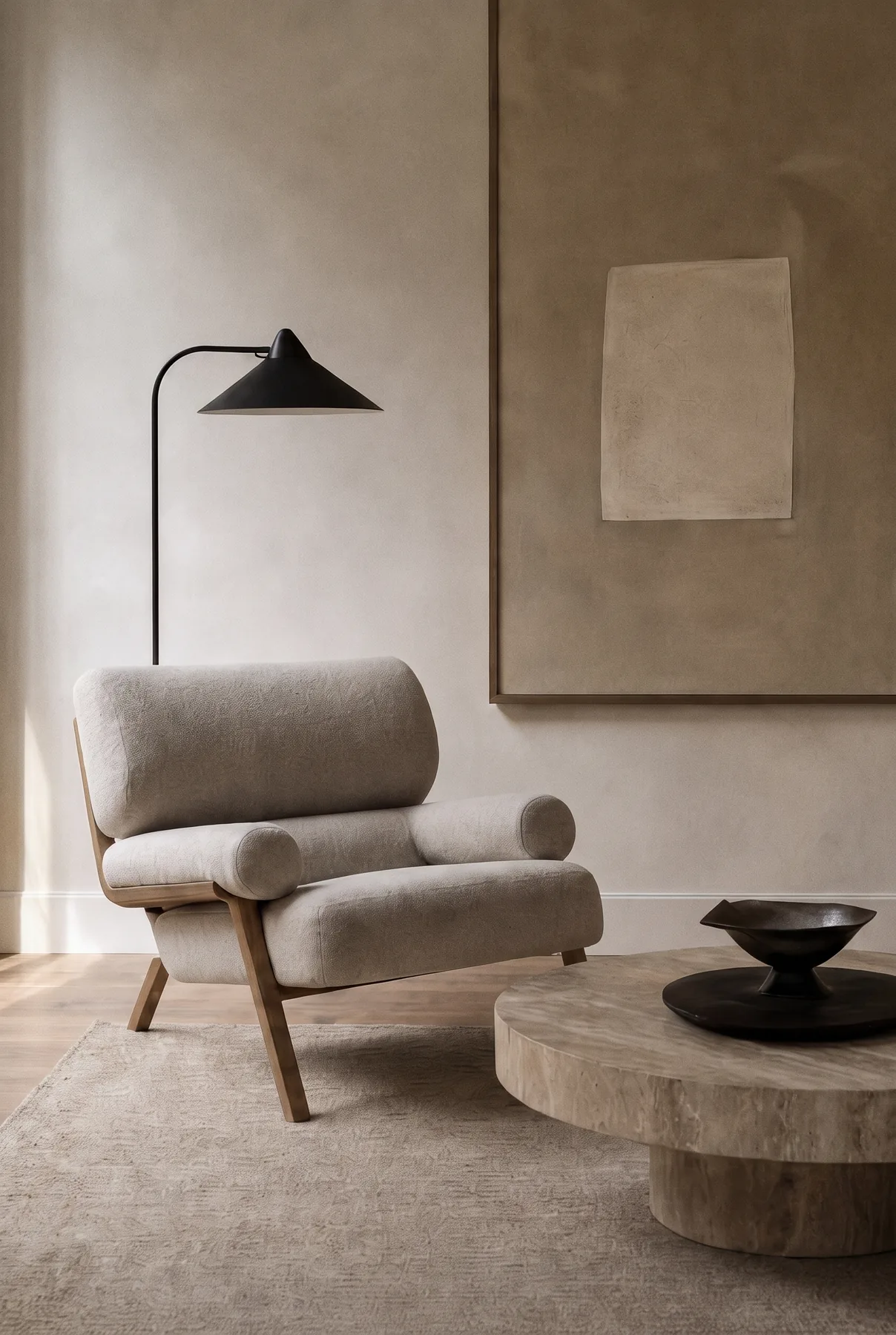 Bouclé fauteuil bij een kalkpleister wand met kunstwerk