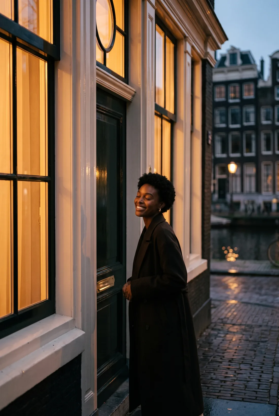 De entree van de praktijk aan de Keizersgracht bij avondlicht