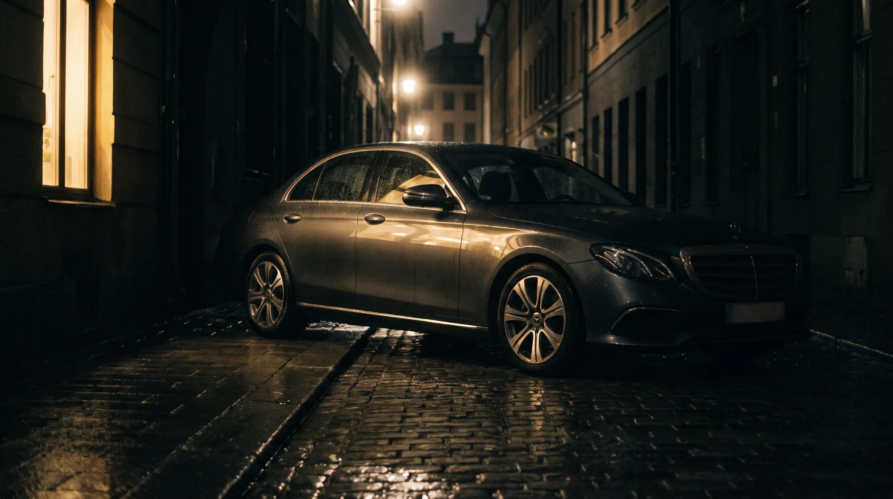 Auto op een verlichte straat bij avond