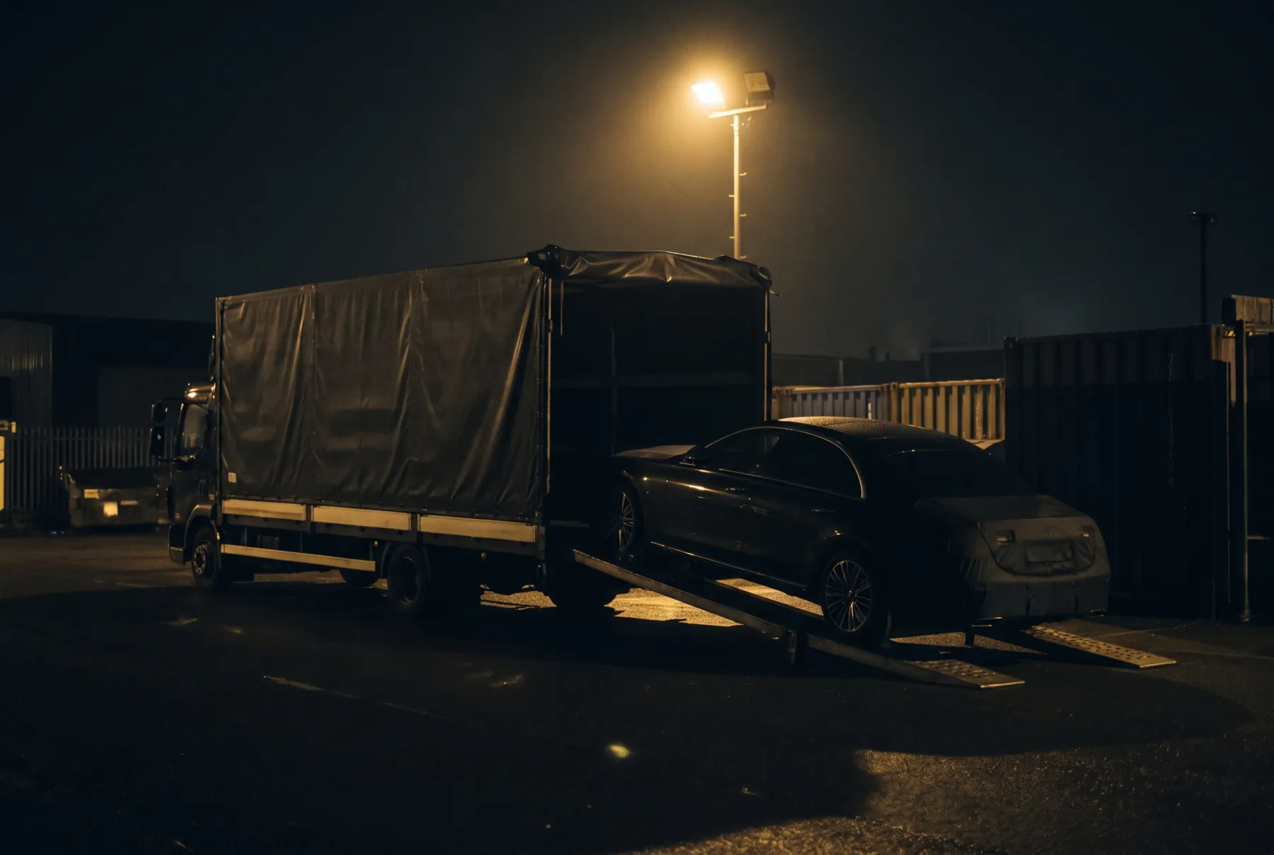 Afgedekte autotransporter laadt een auto bij nacht
