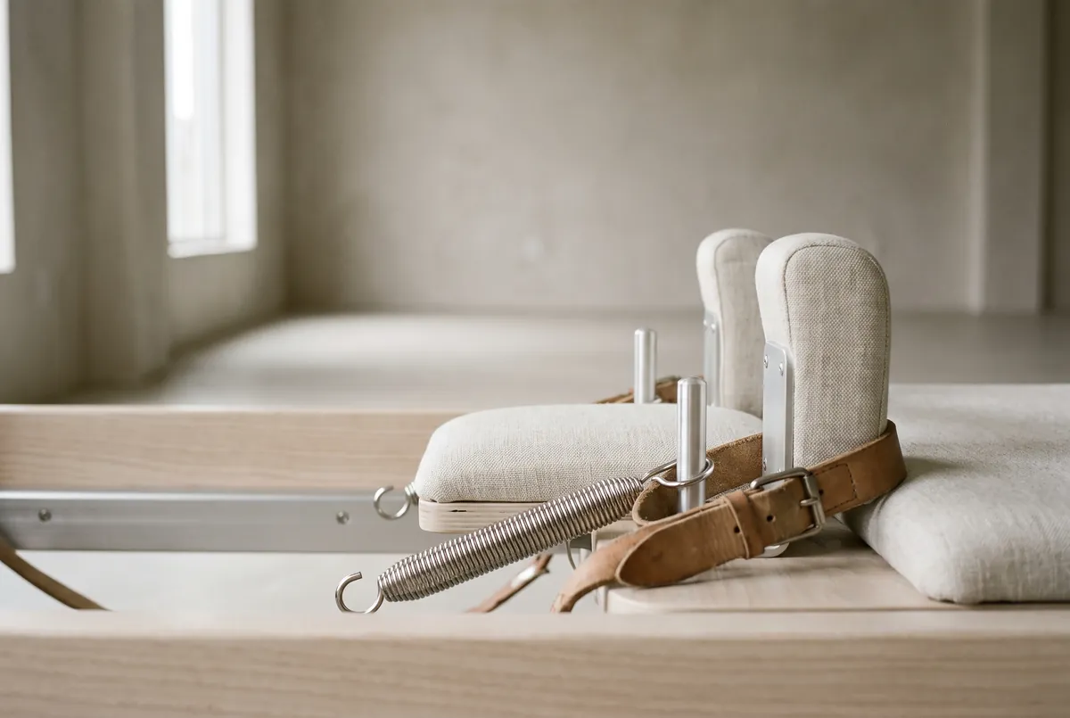 Detail of a reformer carriage, spring and leather strap
