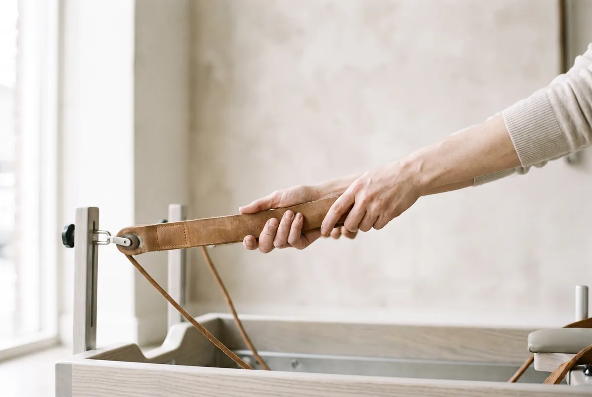 Hands gripping a leather reformer strap
