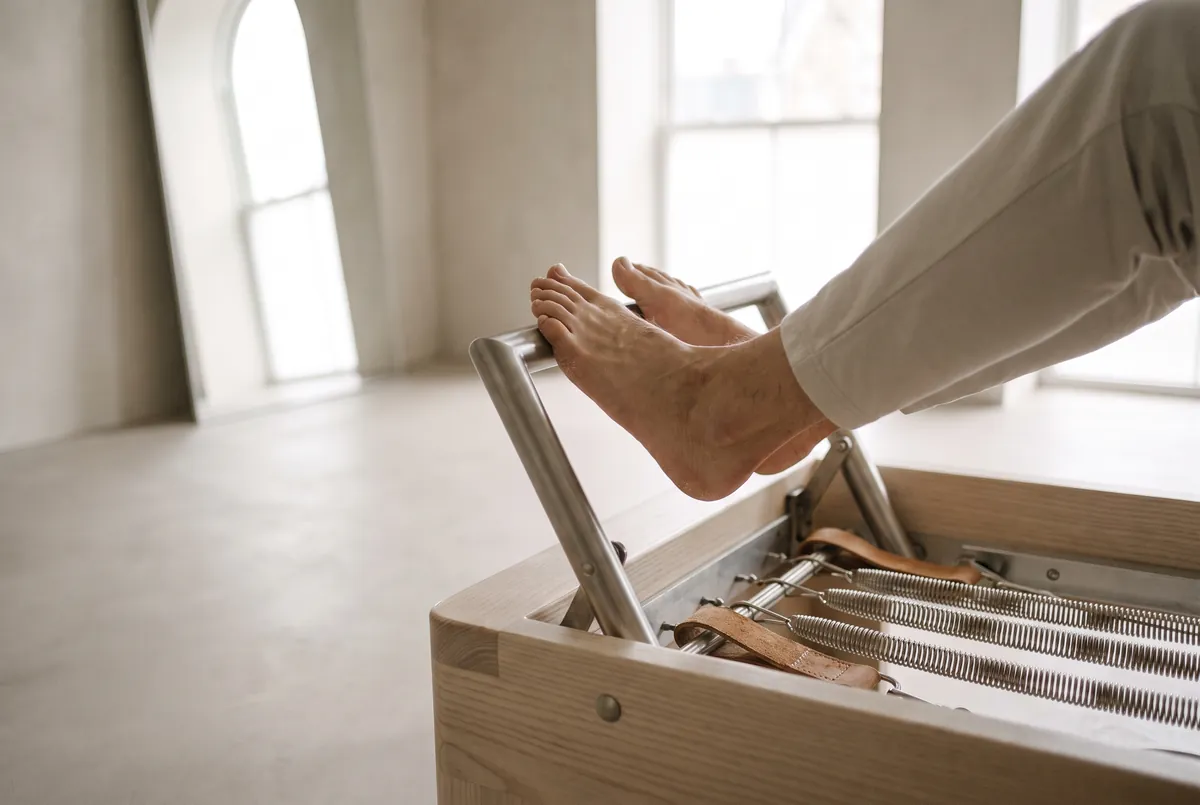 Bare feet pressed against the footbar of a reformer