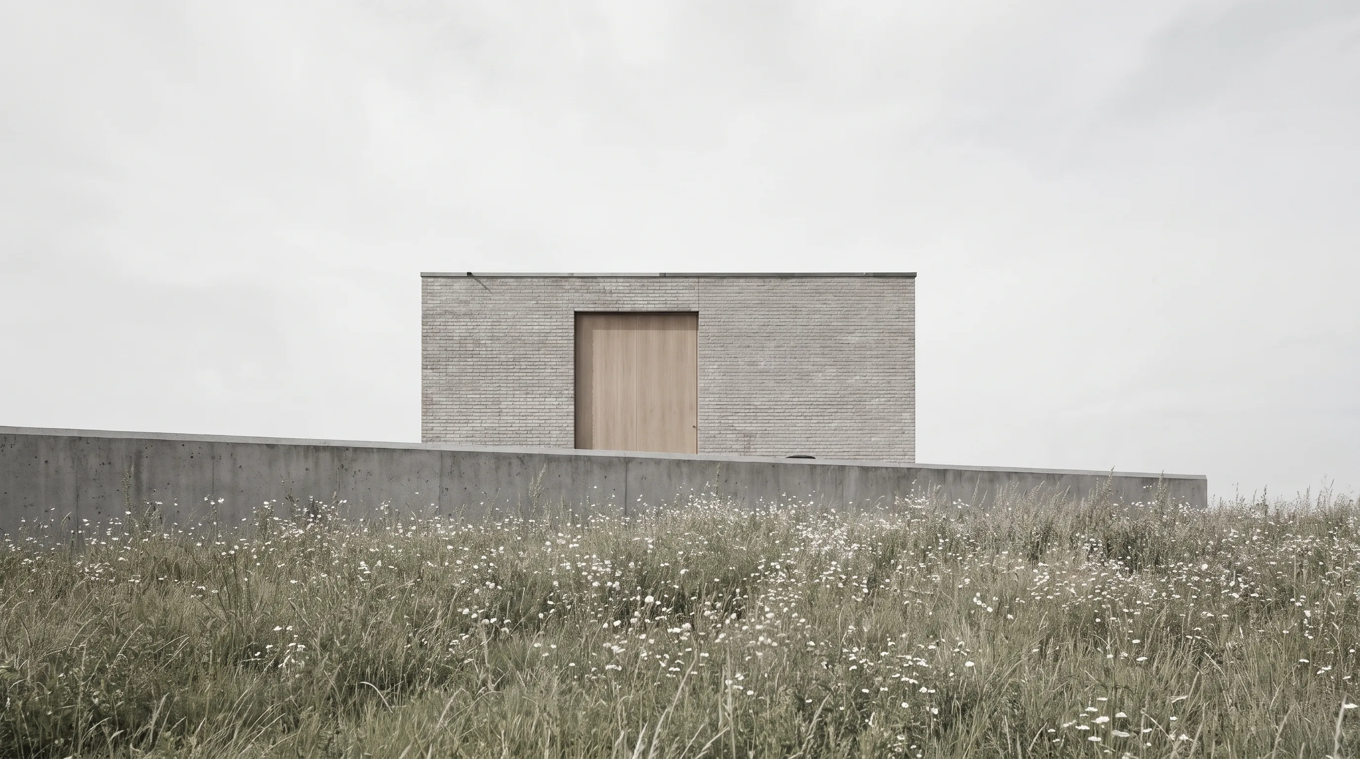 Bakstenen woonhuis boven een veld met hoog gras