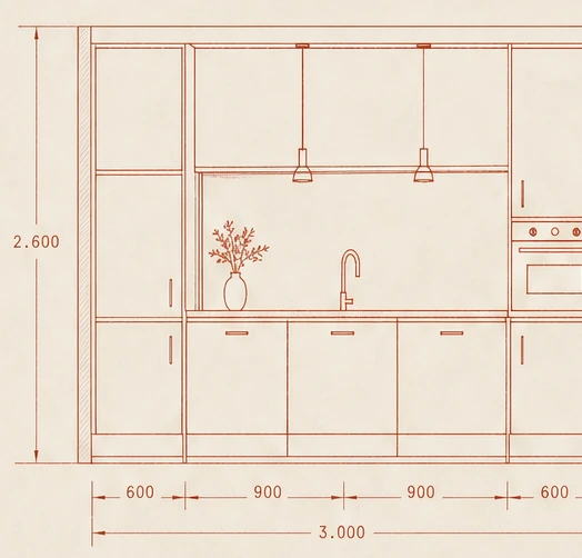 Aanzichttekening van een keuken met maatvoering