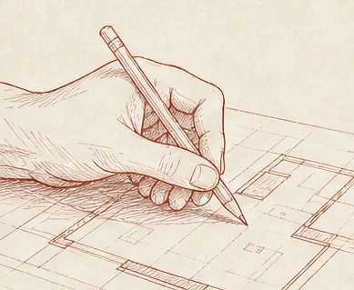 Schets van een hand die een plattegrond tekent