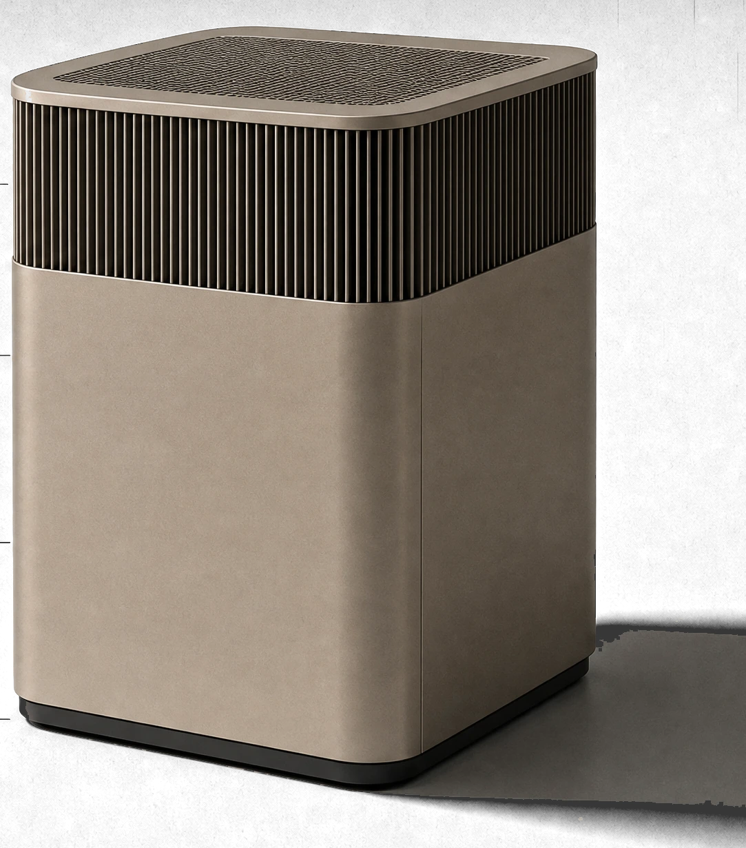 De whspr warmtepomp: een staande afgeronde kubus in matte champagnekleur met een band fijne verticale louvres.