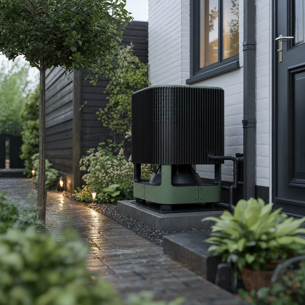 Whspr buitenunit naast een woning in de schemering