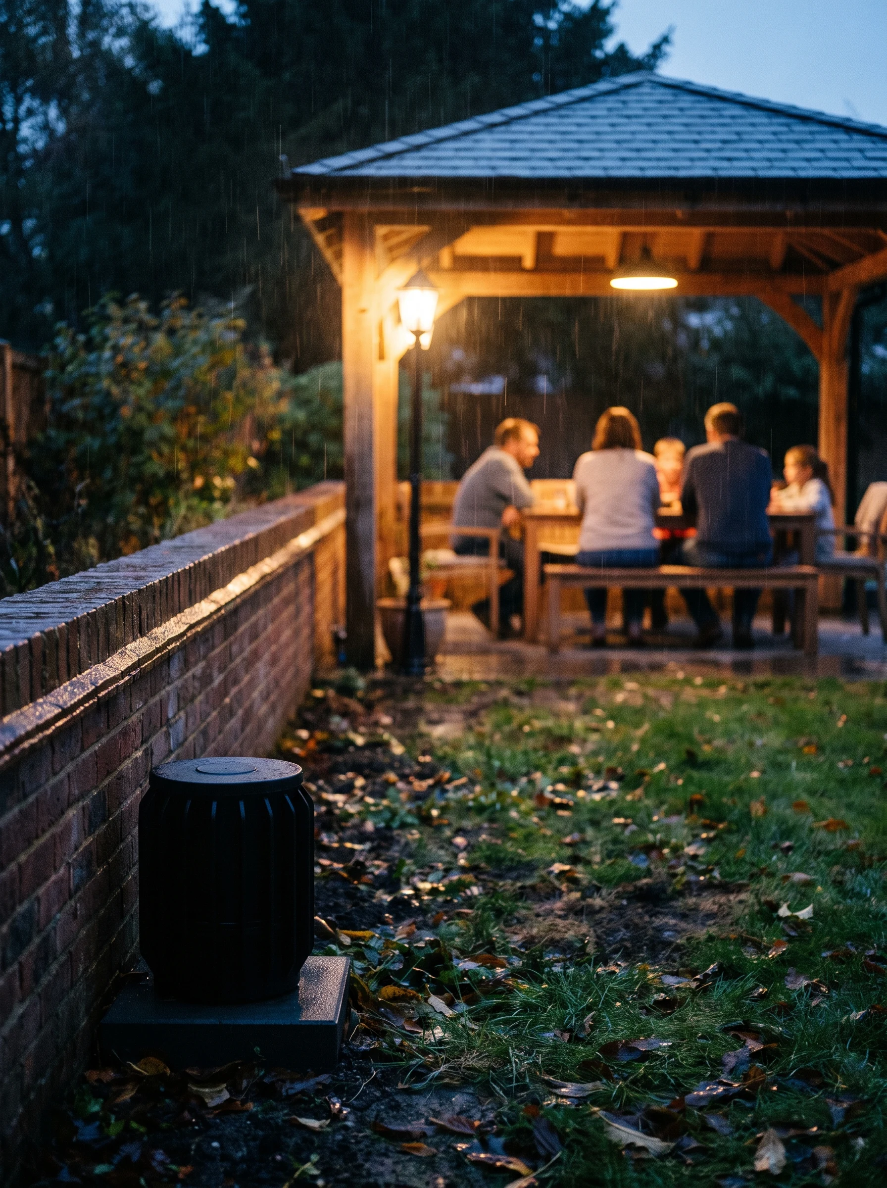 Een gezin eet buiten onder een verlichte veranda terwijl het regent; achterin bij de erfgrens staat de Whspr in de schaduw.