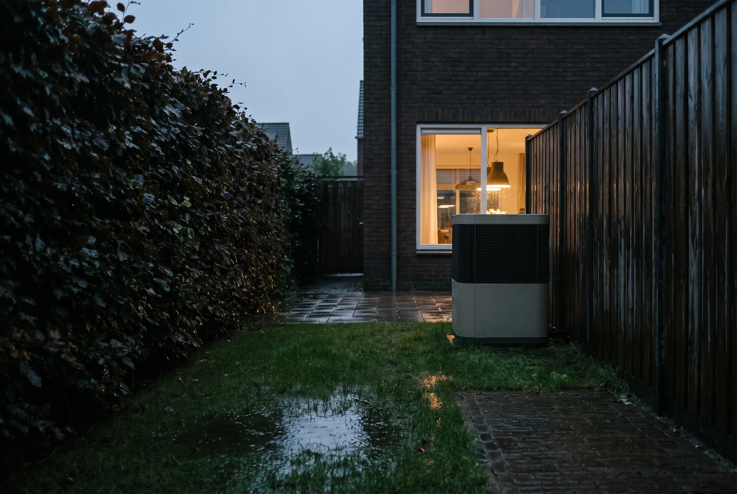 Een Nederlandse achtertuin bij schemer in de regen, met de Whspr stil tegen de schutting en warm licht uit het keukenraam.