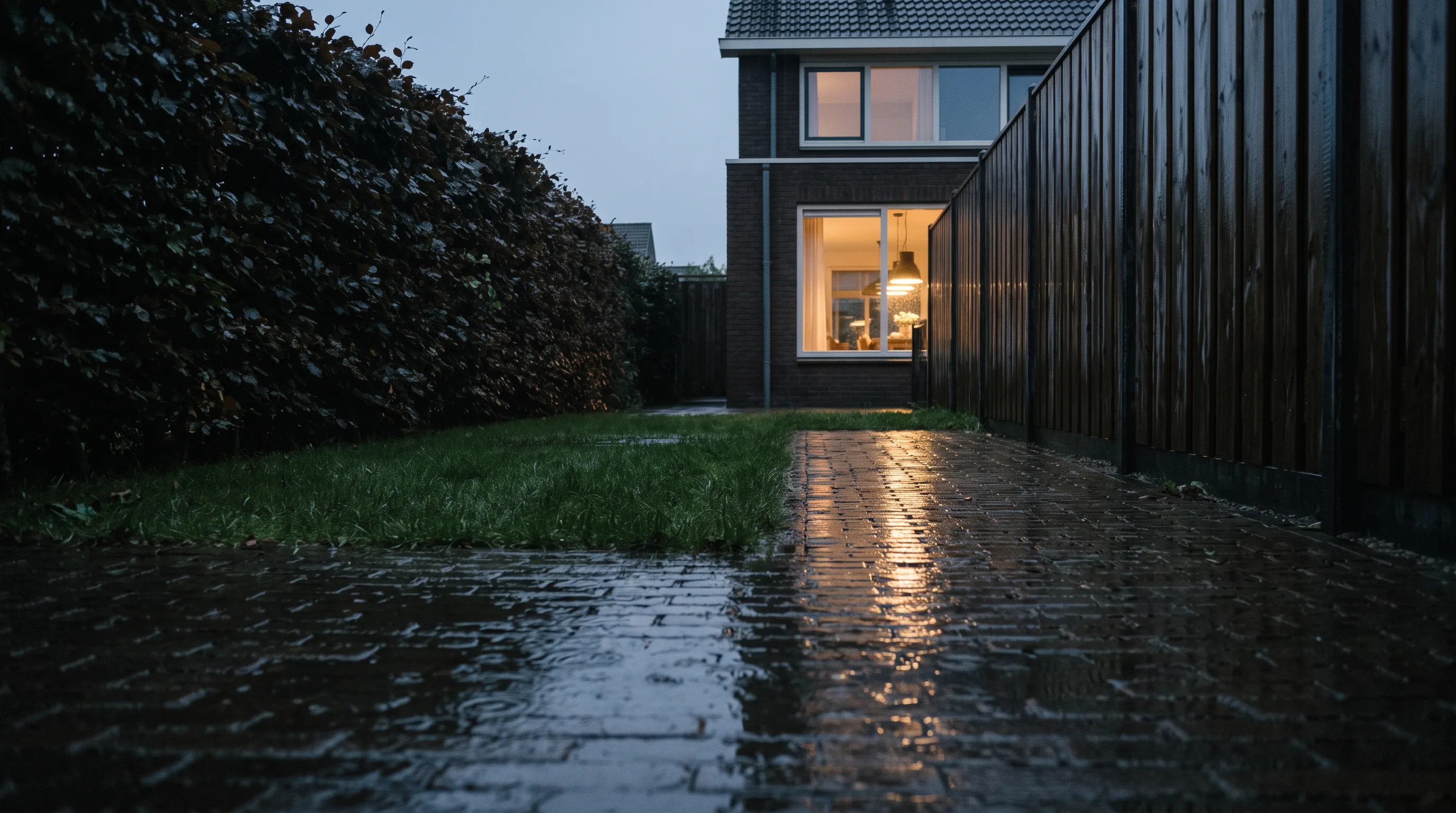 Hetzelfde terras van lager en breder gezien, nat straatwerk met de weerspiegeling van het keukenlicht erover.