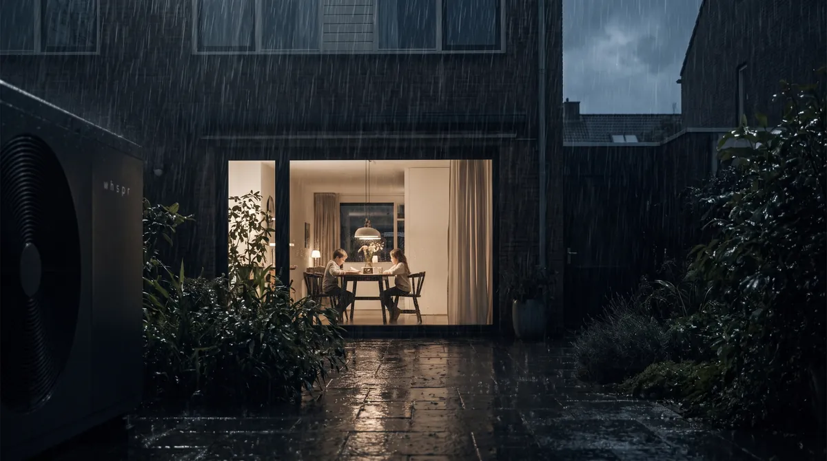 Een Nederlandse achtertuin in de regen, licht uit de woonkamer op het natte terras, de unit links in beeld.