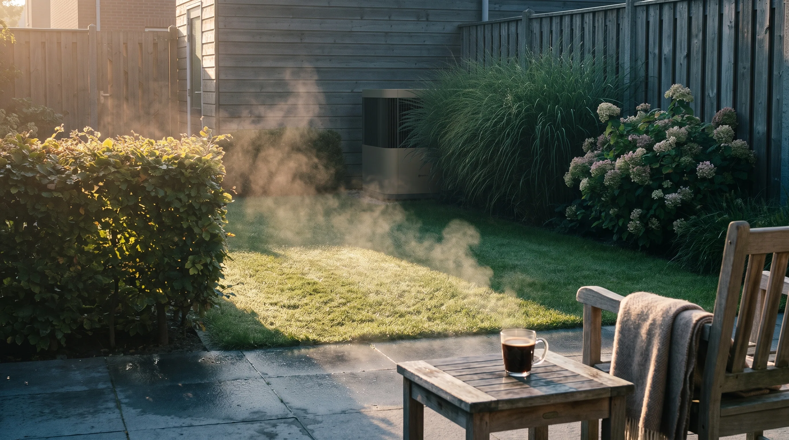 Vroege ochtend in de tuin, damp boven het gras en een mok koffie op een bijzettafel.