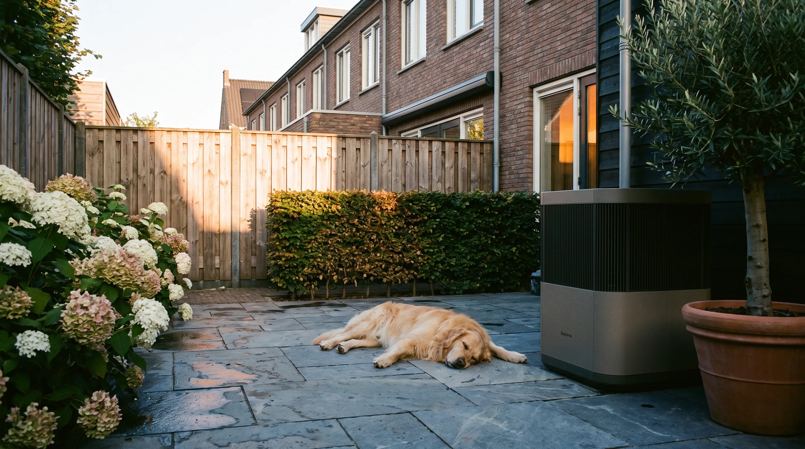Hond slaapt op zonnige terrastegels tussen bloeiende hortensia's.