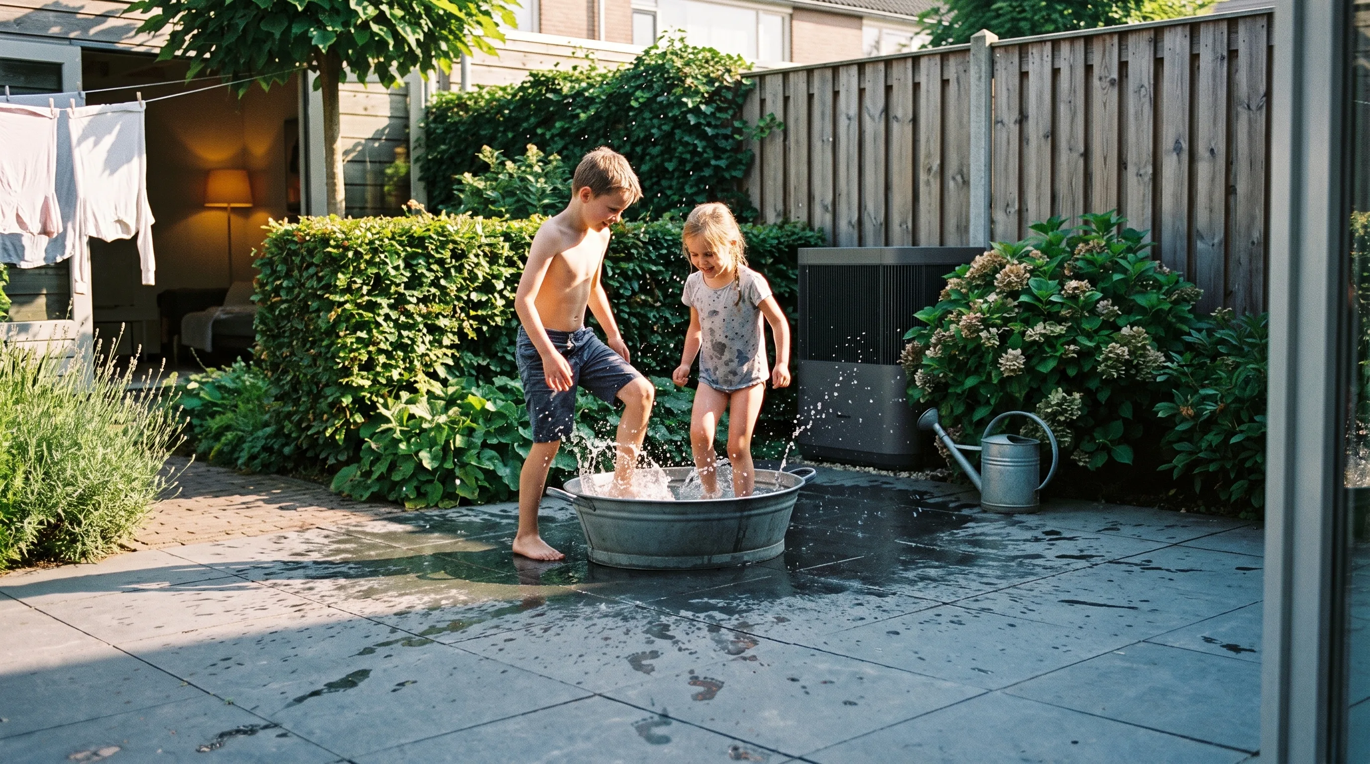 Twee kinderen spelen met water in een zinken teil op het terras.