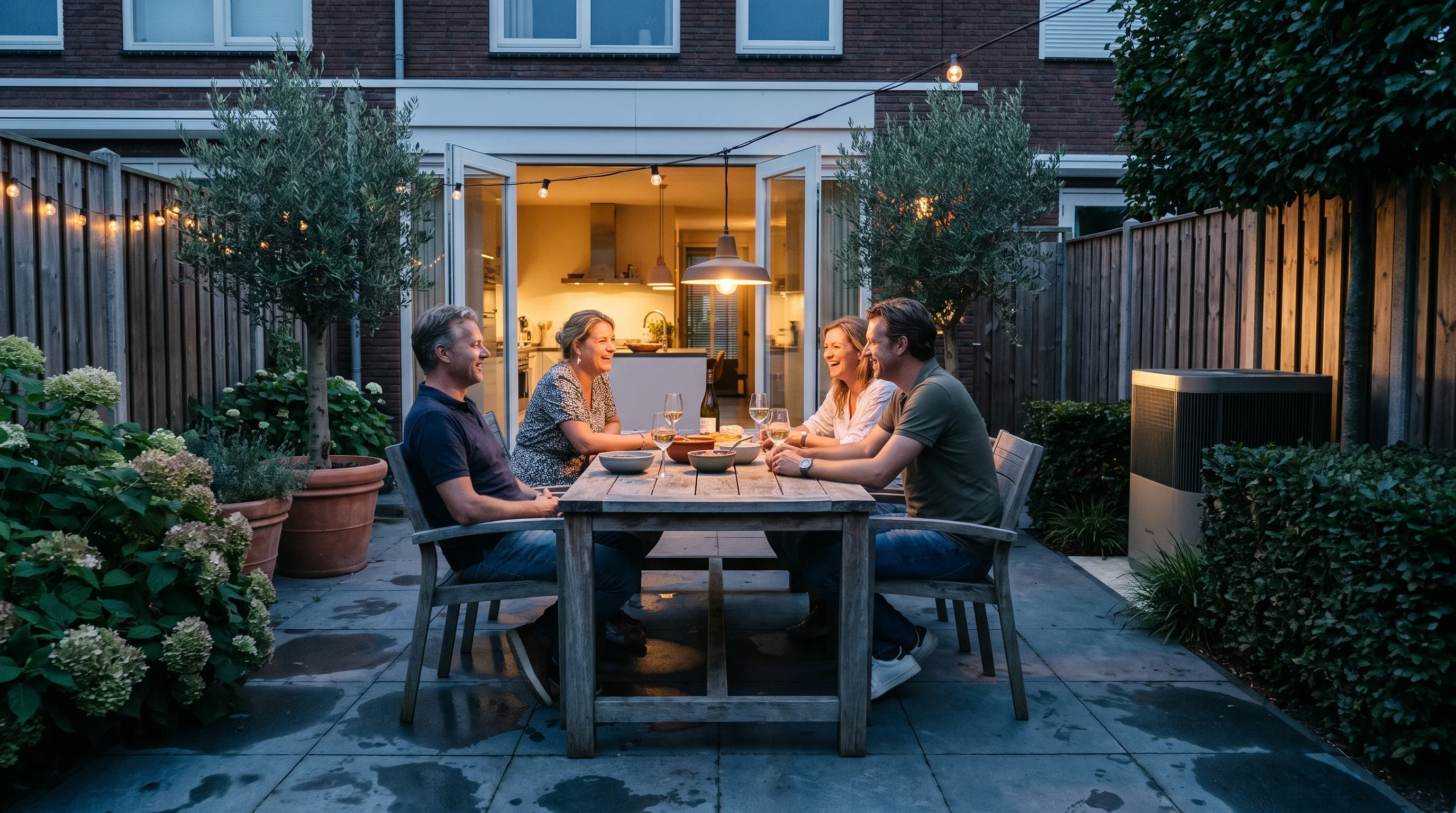 Vier volwassenen eten aan een lange houten tafel in de tuin onder hanglampen.