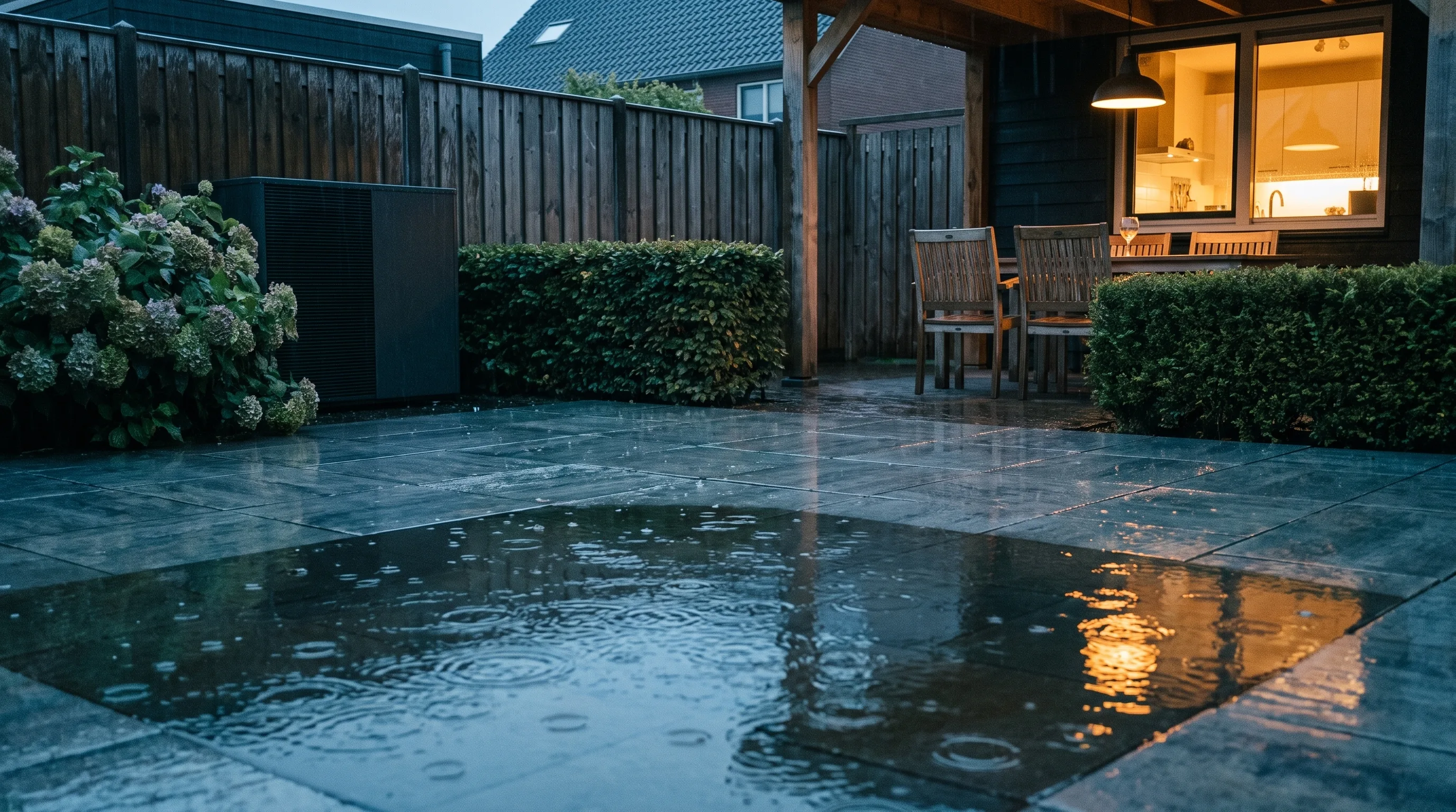 Nederlandse achtertuin in de avondregen, plassen op de terrastegels en warm licht uit de keuken.