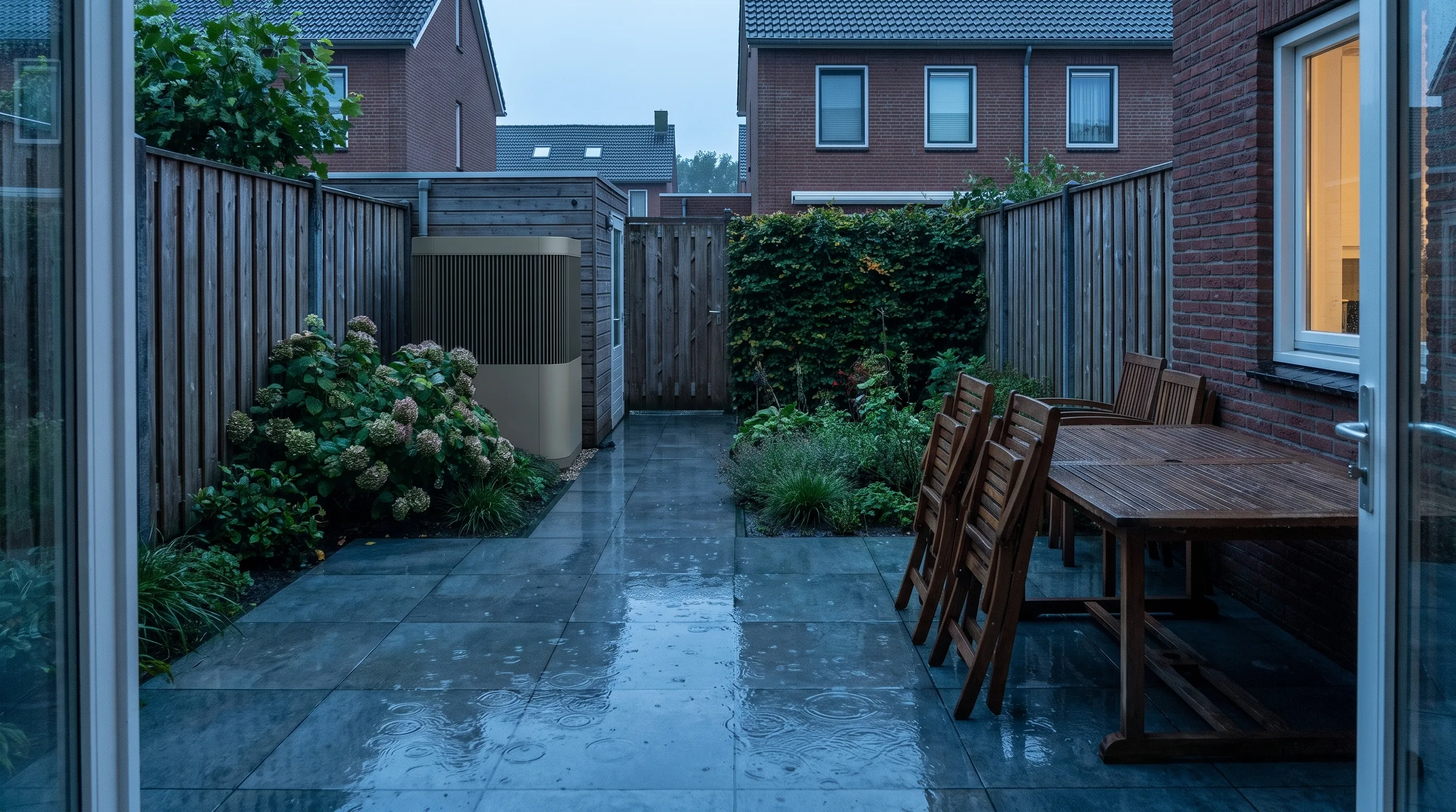 Dezelfde tuin met een gangbare warmtepomp: het terras is leeg en de stoelen staan opgestapeld.