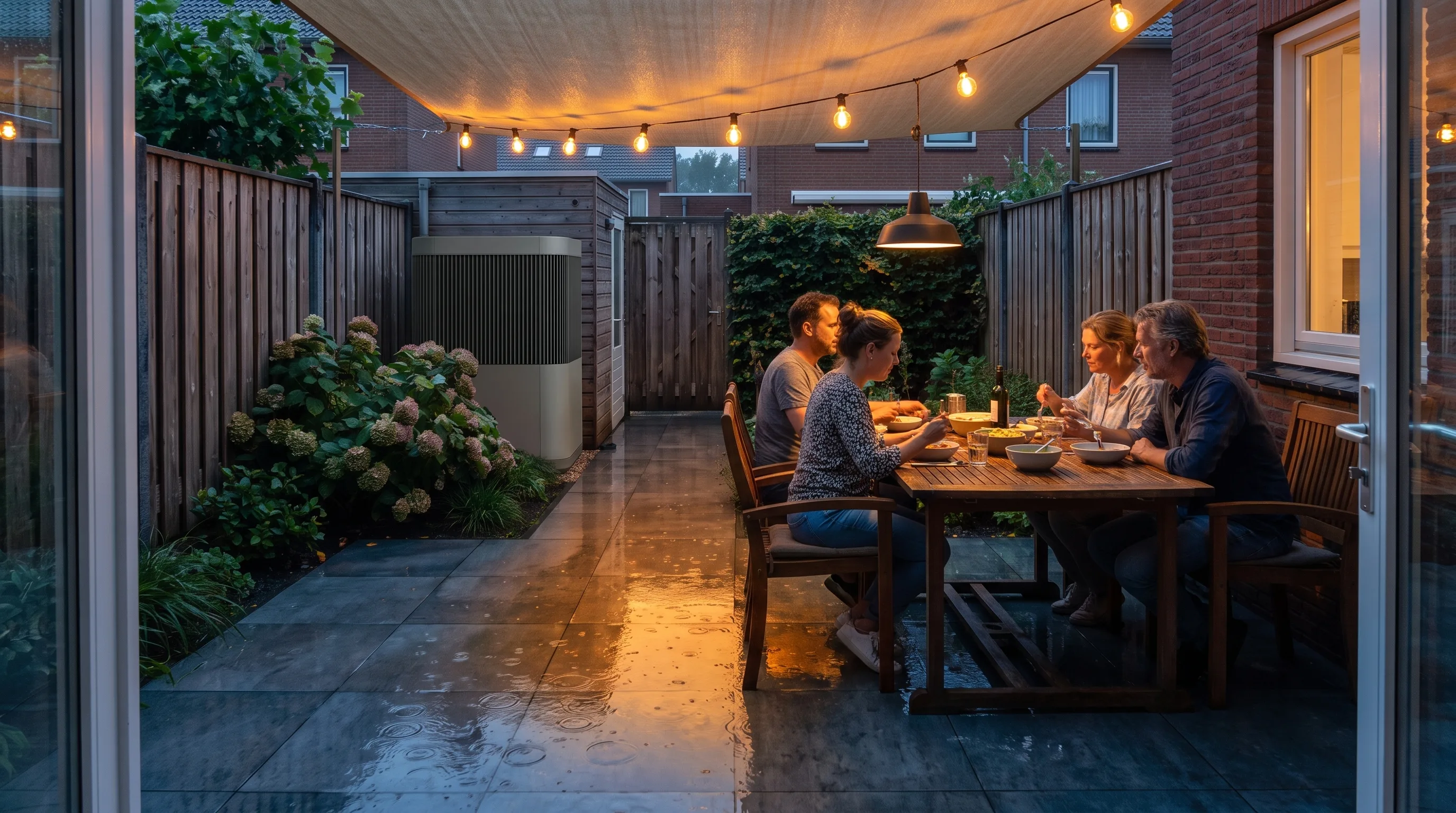 Dezelfde tuin met whspr: er wordt met vier mensen gegeten aan tafel in de regen.